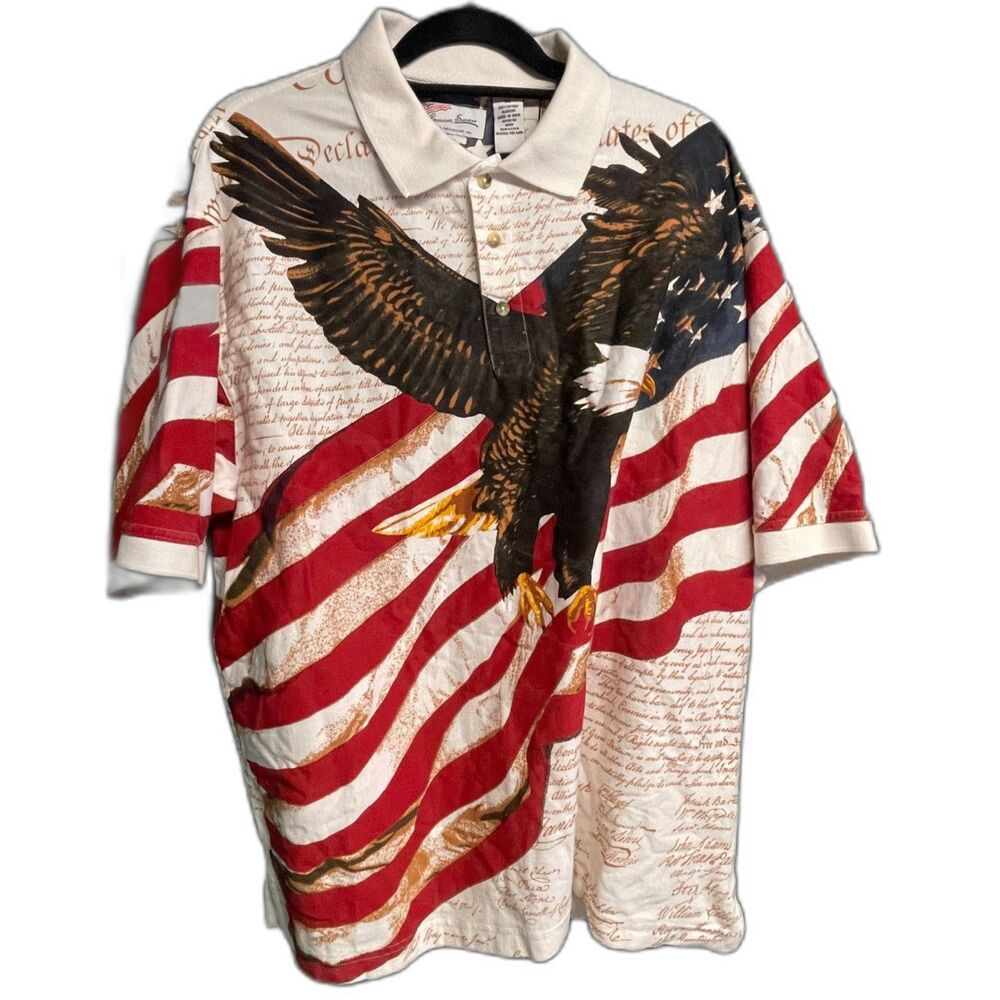 American Summer Patriotic Polo Shirt XL– Bald Eagle & USA Flag Cotton Golf Shirt